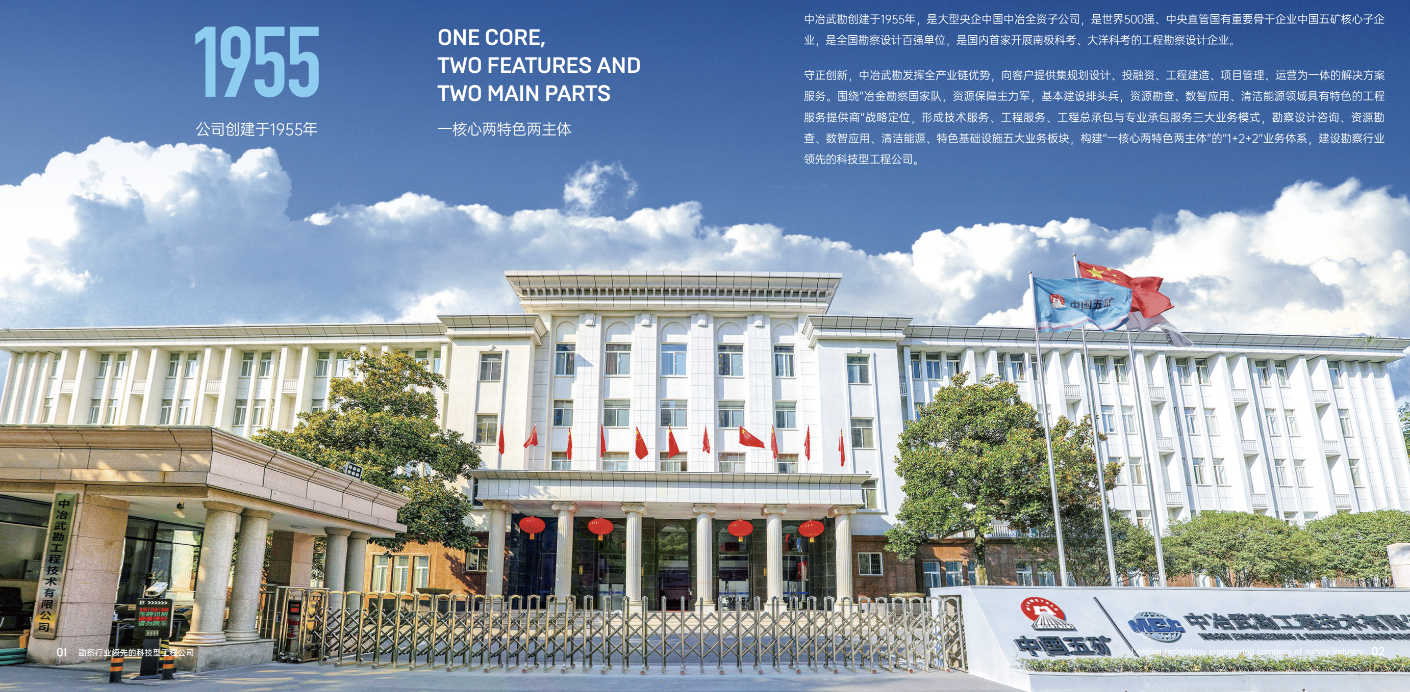 中冶武勘全产业链解决方案、五大业务板块、各类甲级资质、全球业务覆盖及科技创新平台展示图